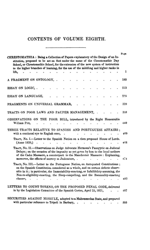 The Works Of Jeremy Bentham Vol 8 Chrestomathia Essays On Logic And Grammar Tracts On Poor Laws Tracts On Spanish Affairs Online Library Of Liberty